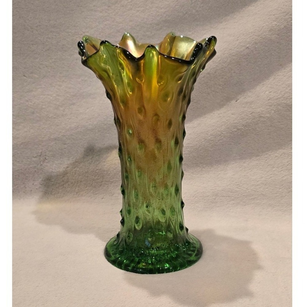 Vintage‎ Northwood Green Tree Trunk Carnival Glass Vase Fluted Ruffled Rim 8"